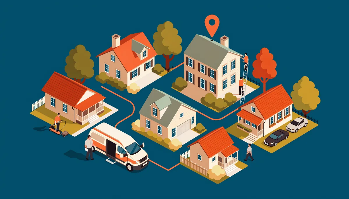 An illustrated neighborhood seen from above: six houses on their own lots, a service van parked on the street with its route drawn between the homes, someone mowing a lawn, someone on a ladder at a roofline, and a map pin over one of the houses.