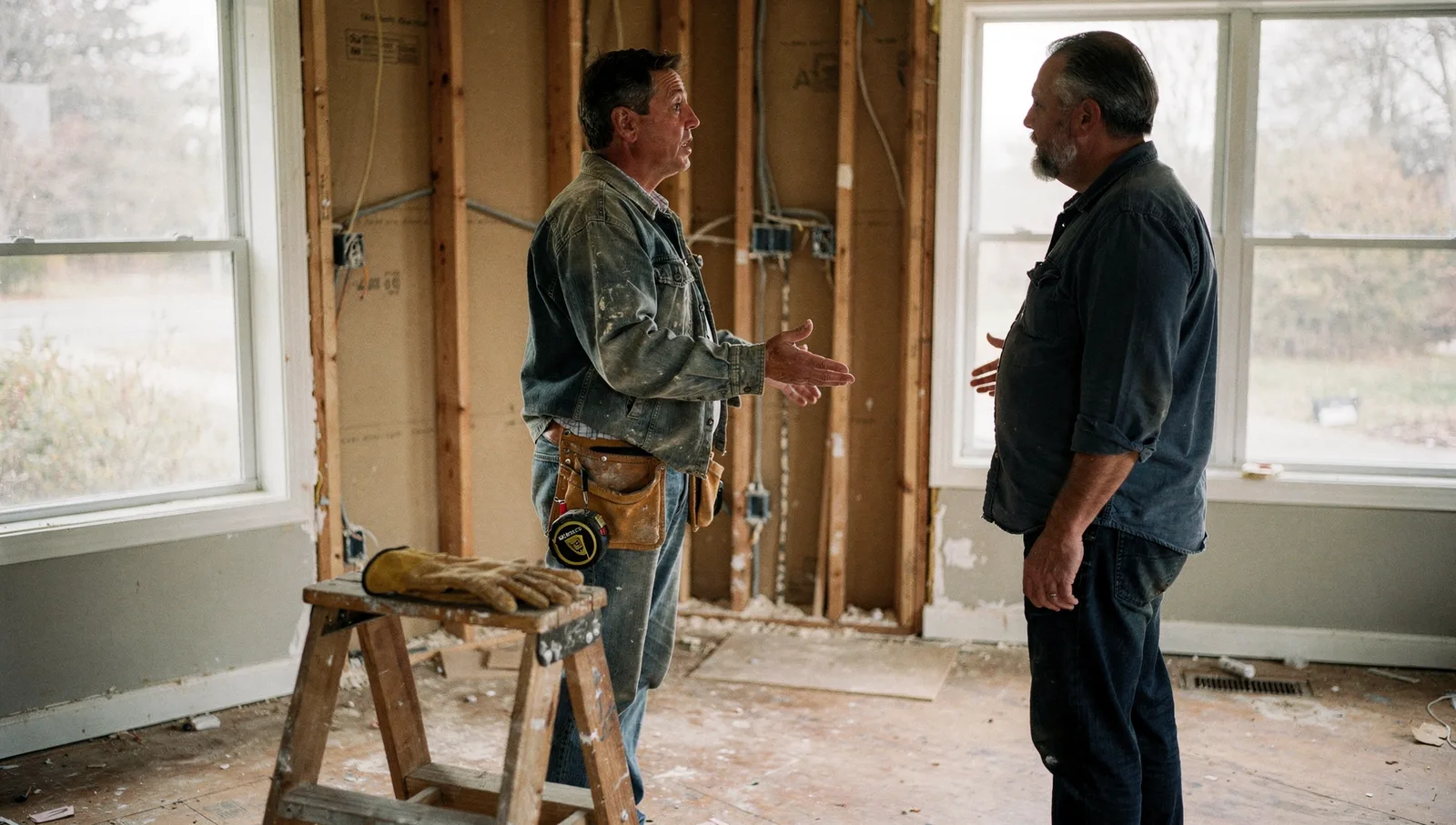 Contractor and homeowner discussing renovations near exposed wall framing and subflooring in a suburban living room.