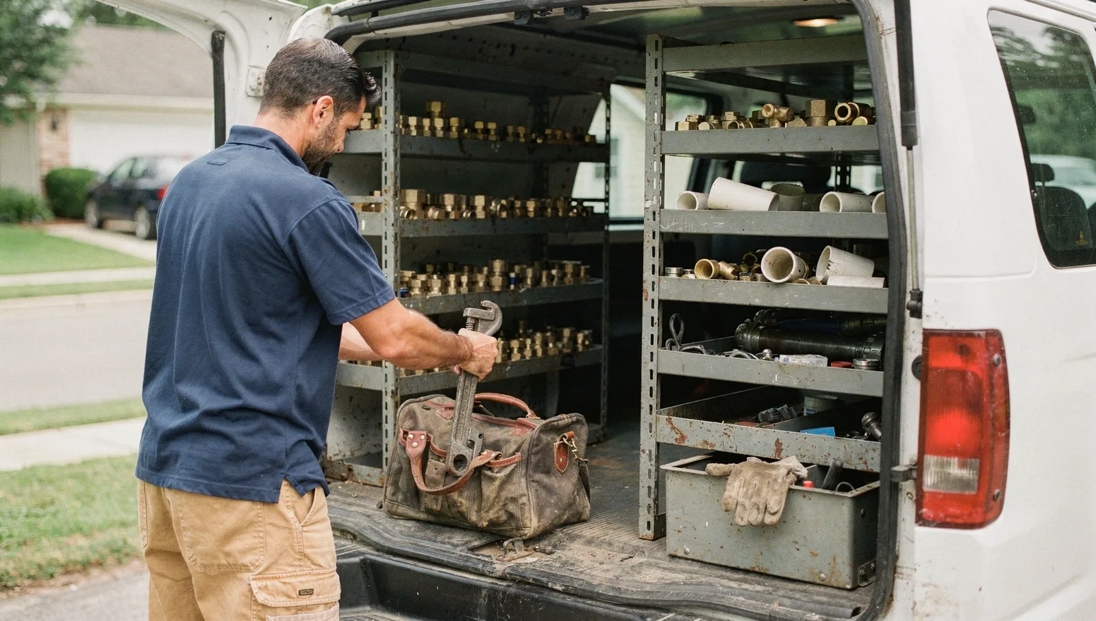 A plumbing contractor reaches into the back of a service utility van to grab a pipe wrench from organized shelves.