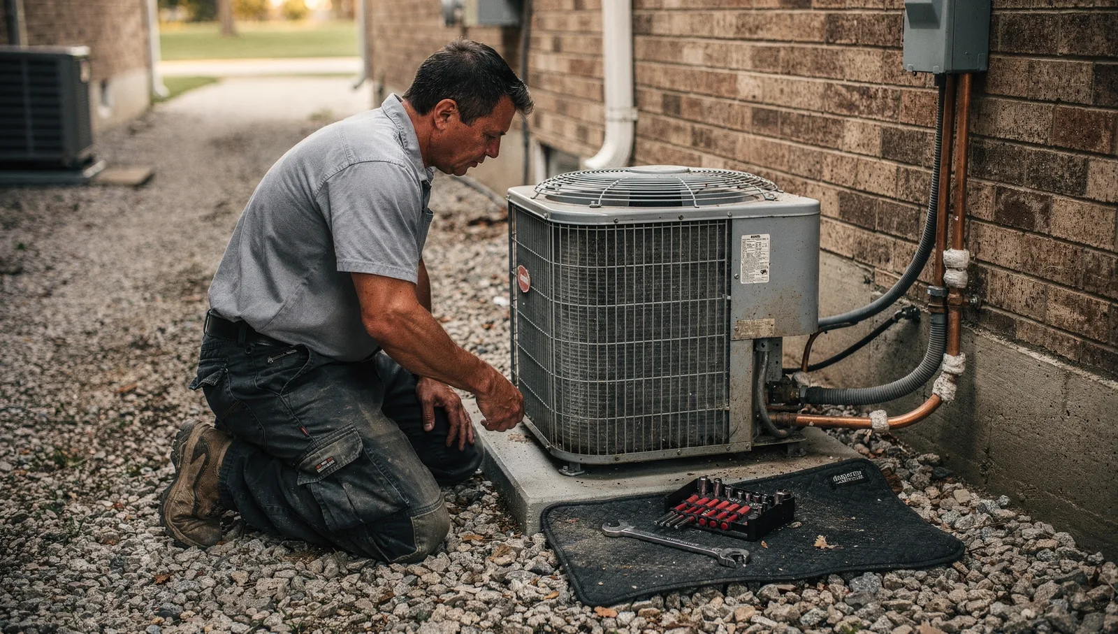 HVAC technician kneeling by an outdoor heat pump condenser unit beside a brick house, tools on a mat.