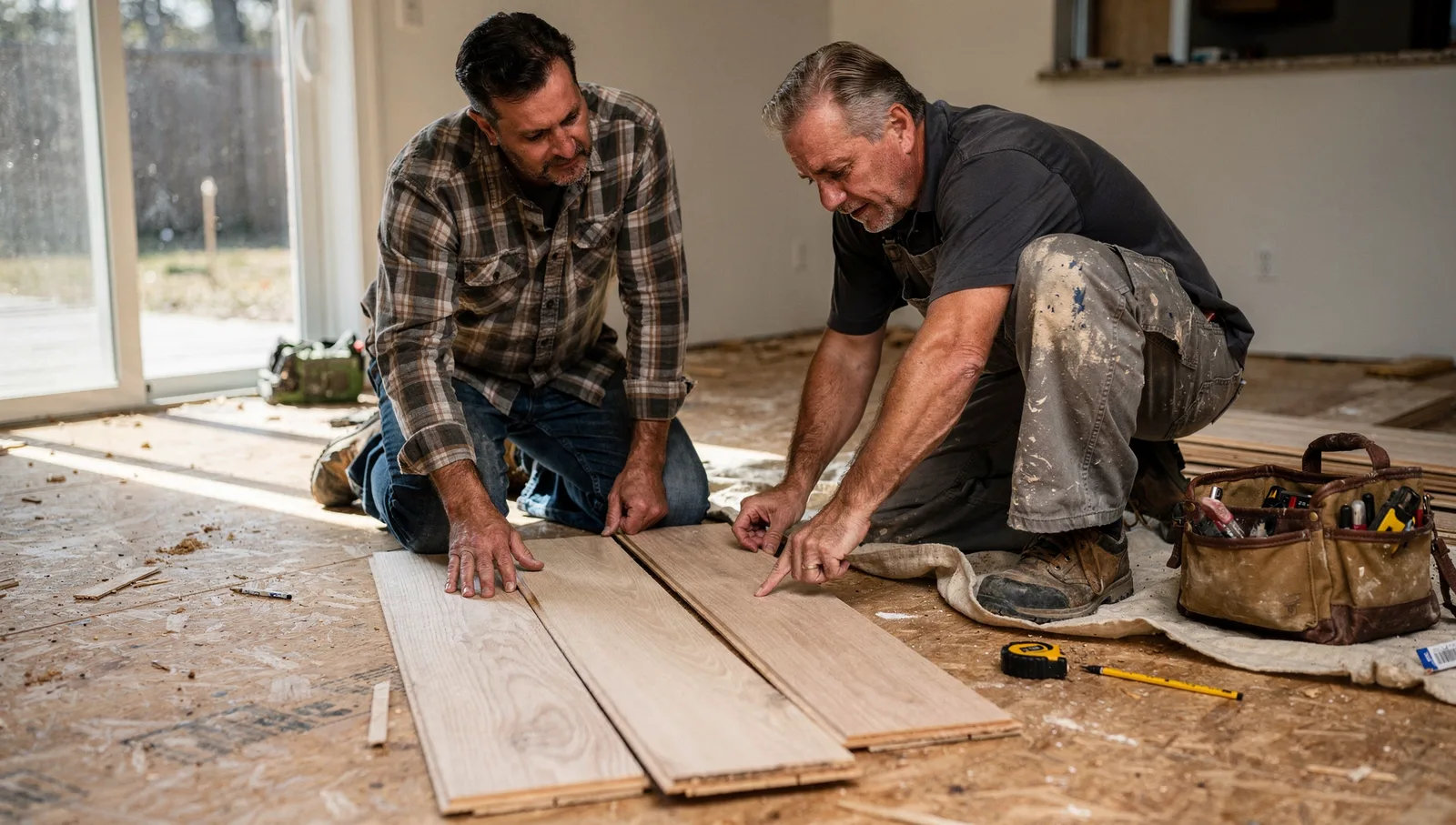A homeowner and a carpenter kneel on a drop cloth to inspect unmounted hardwood floor planks during a home remodel.