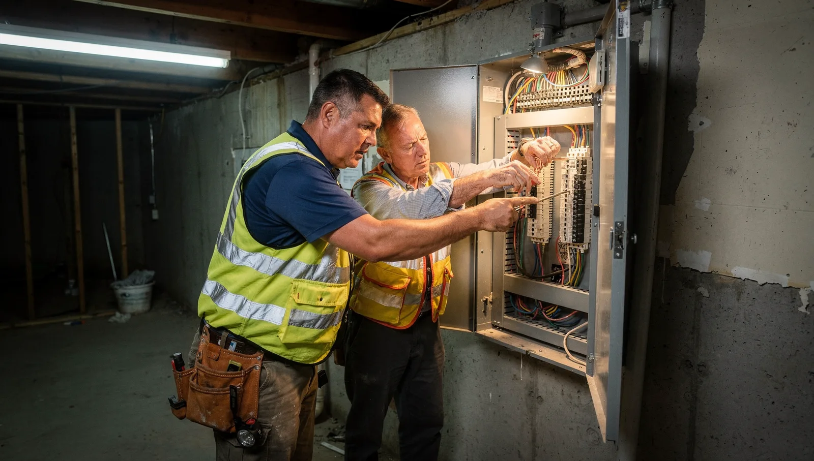 An electrician and a building inspector examine an open electrical service panel in an unfinished basement.