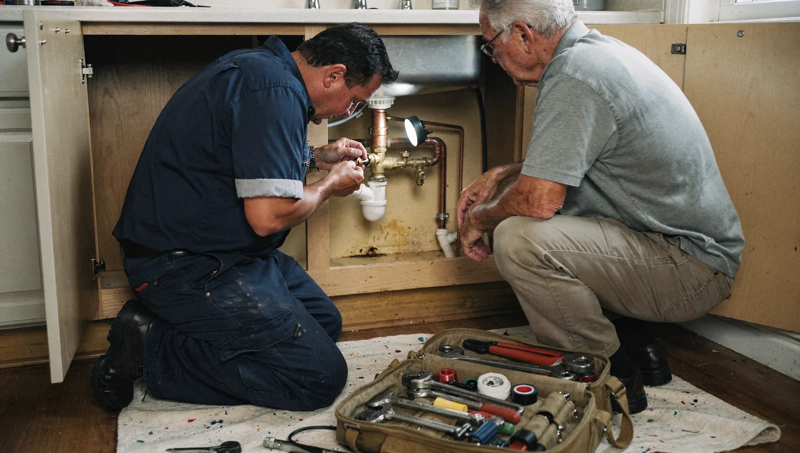 Plumber kneeling to inspect copper pipes beneath a kitchen sink beside a homeowner.