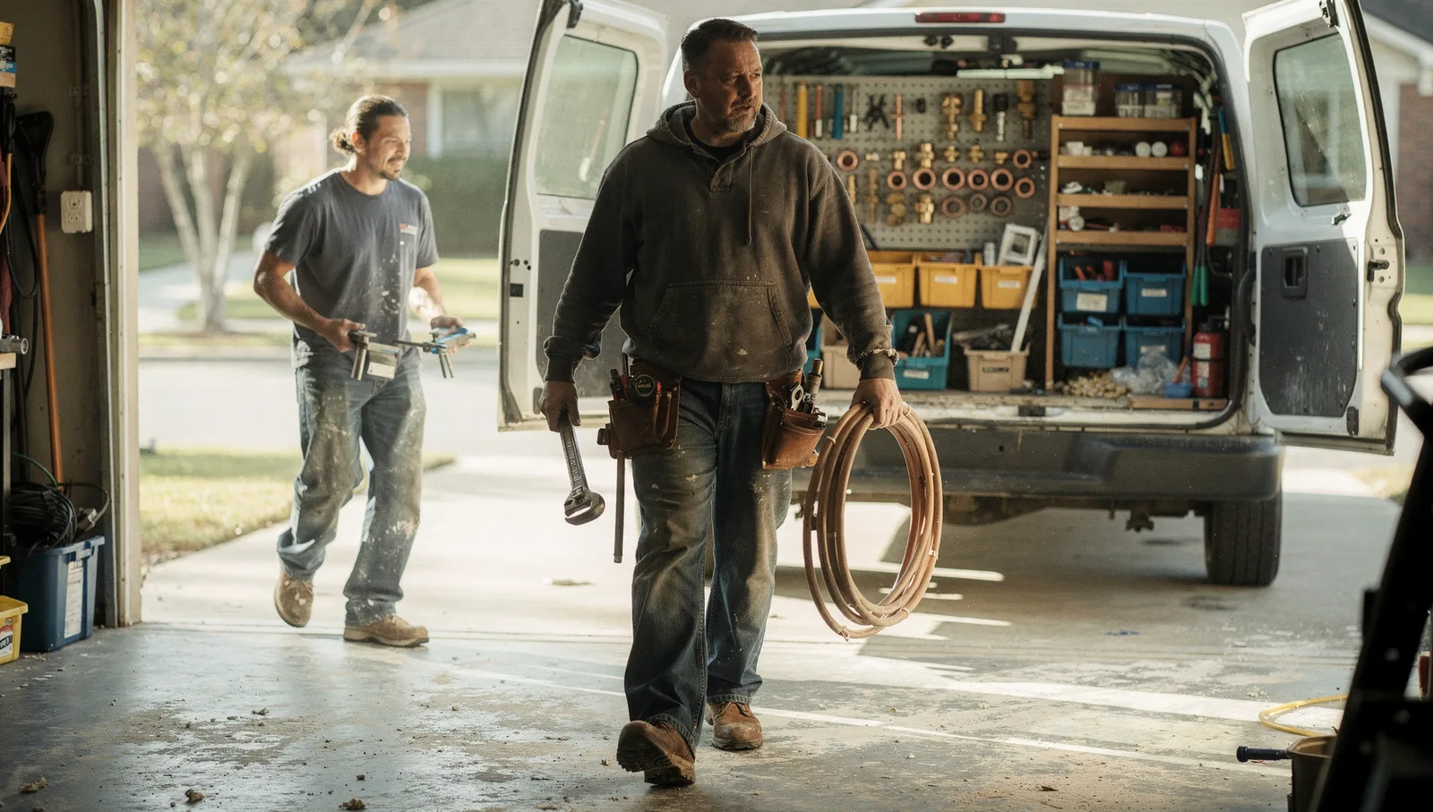 Plumber and apprentice carrying tools and pipes walk through a suburban garage toward an open work van.