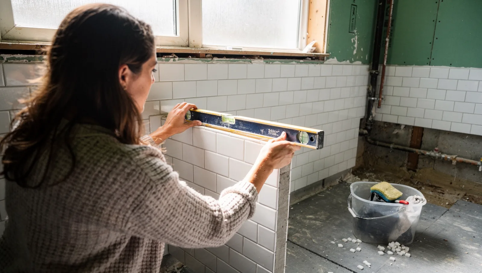 Woman holding a spirit level against newly installed subway tiles during a residential bathroom renovation.