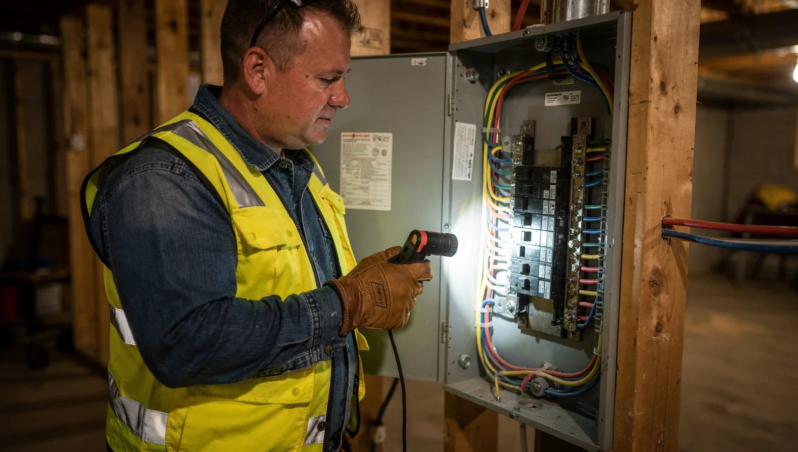 An inspector shines a flashlight into an open residential electrical breaker panel during an inspection.
