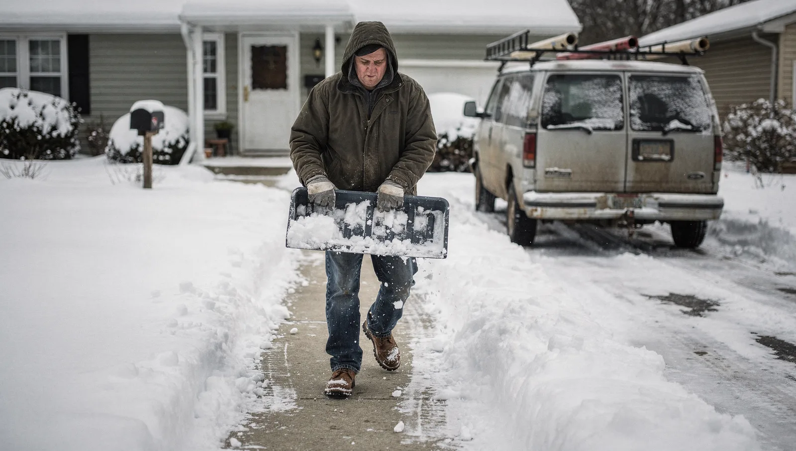 Person shoveling deep snow off a concrete front walkway to clear a path after a winter storm.