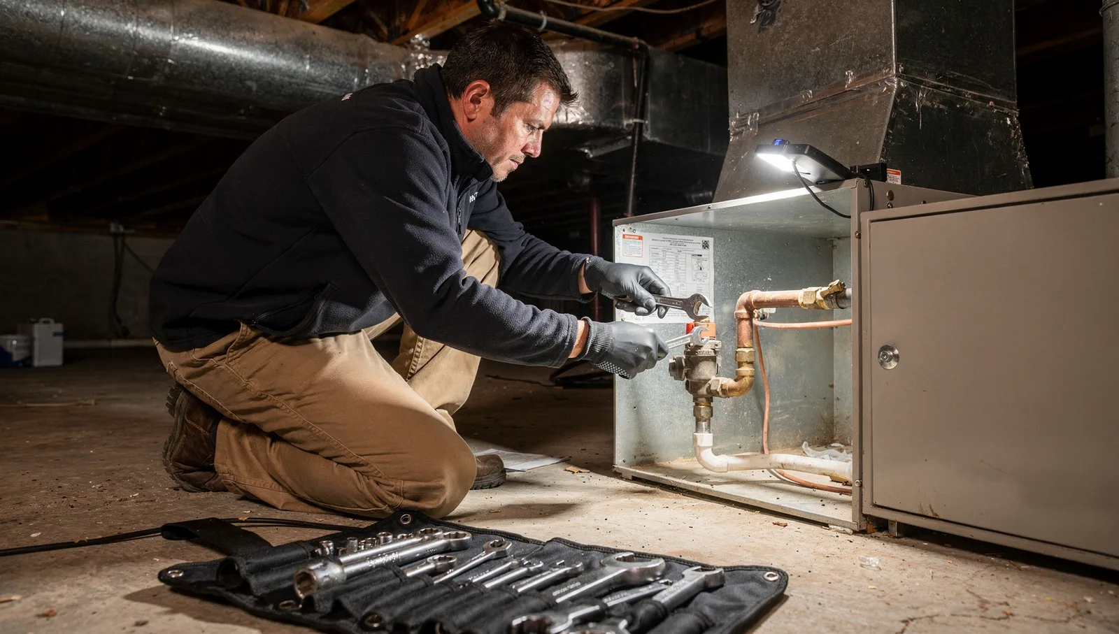 An HVAC technician uses an adjustable wrench to service an open furnace unit in a residential basement.