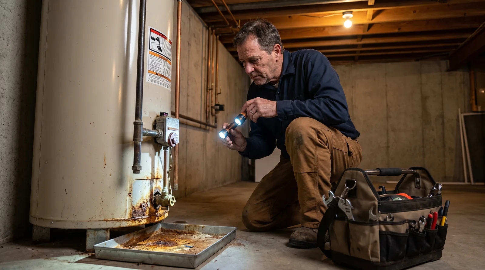 A plumber shines a flashlight on rust and corrosion around the drain valve of an old water heater in a basement.