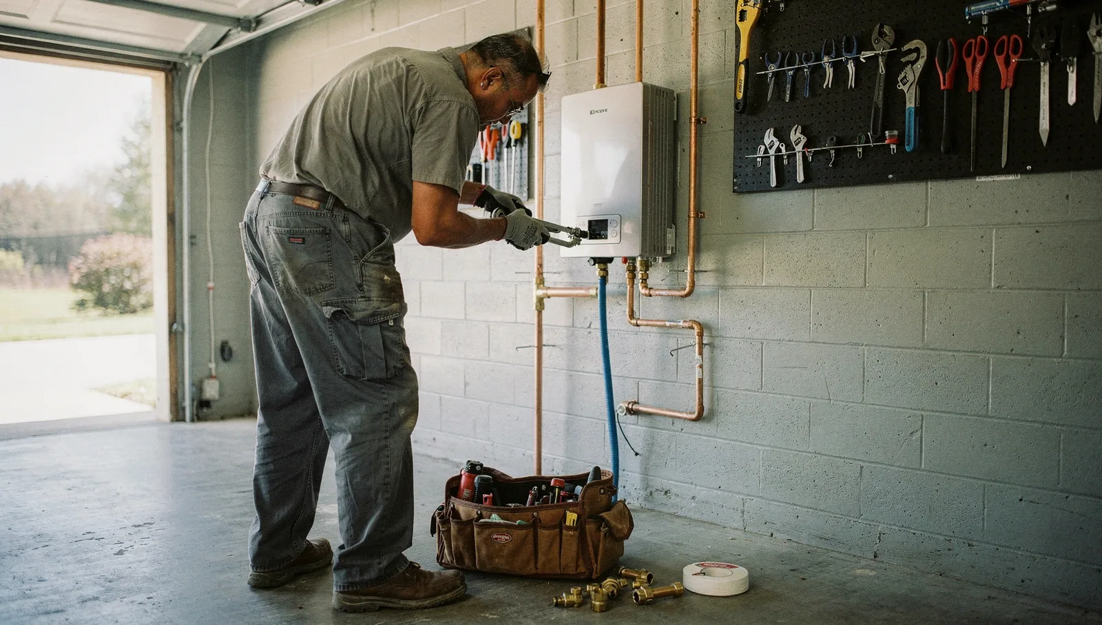 A technician uses a pipe wrench to tighten copper fittings on a wall-mounted tankless water heater in a garage.