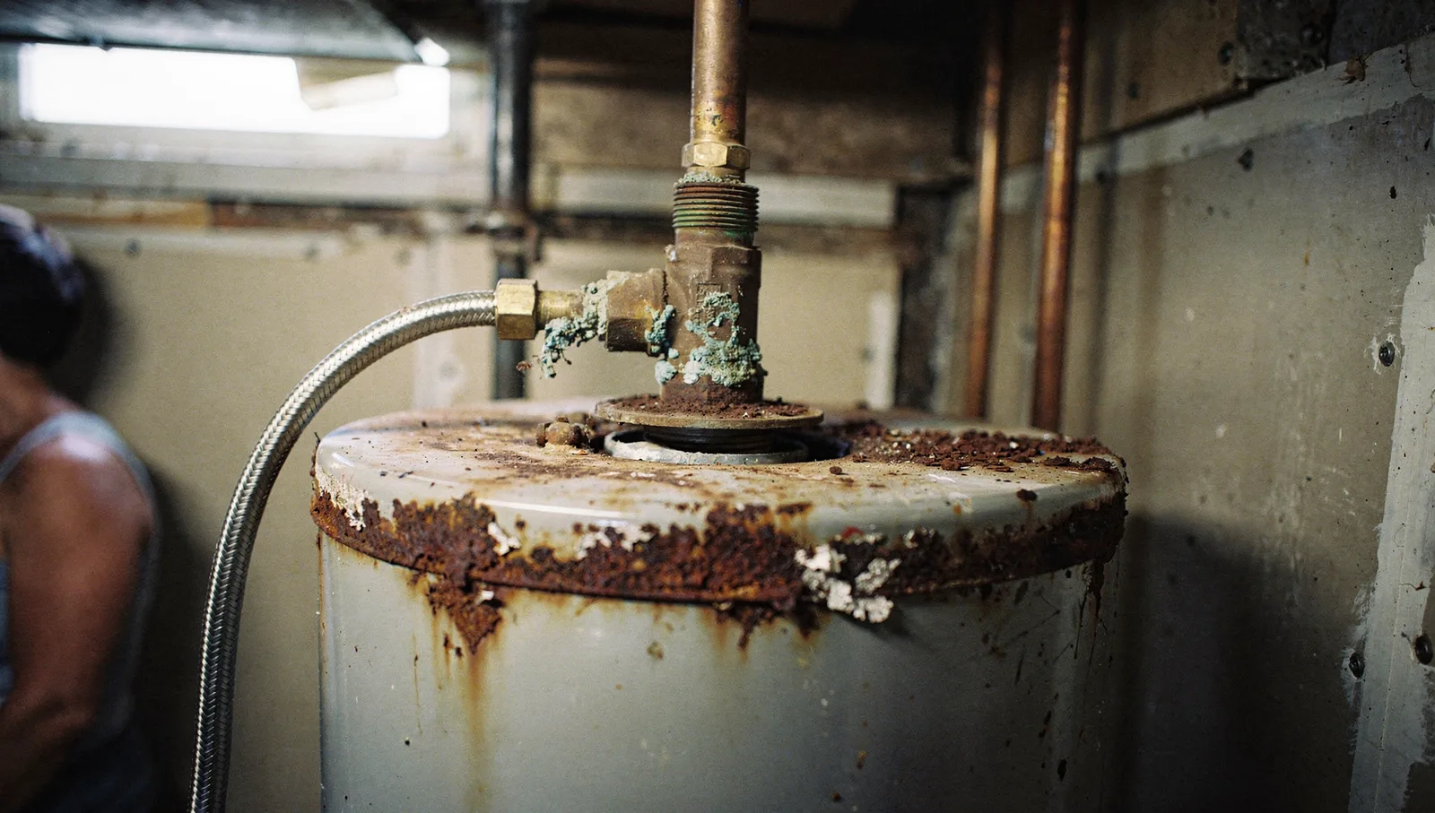 Corroded and rusty pipe fittings with limescale buildup on the top of an old residential water heater.