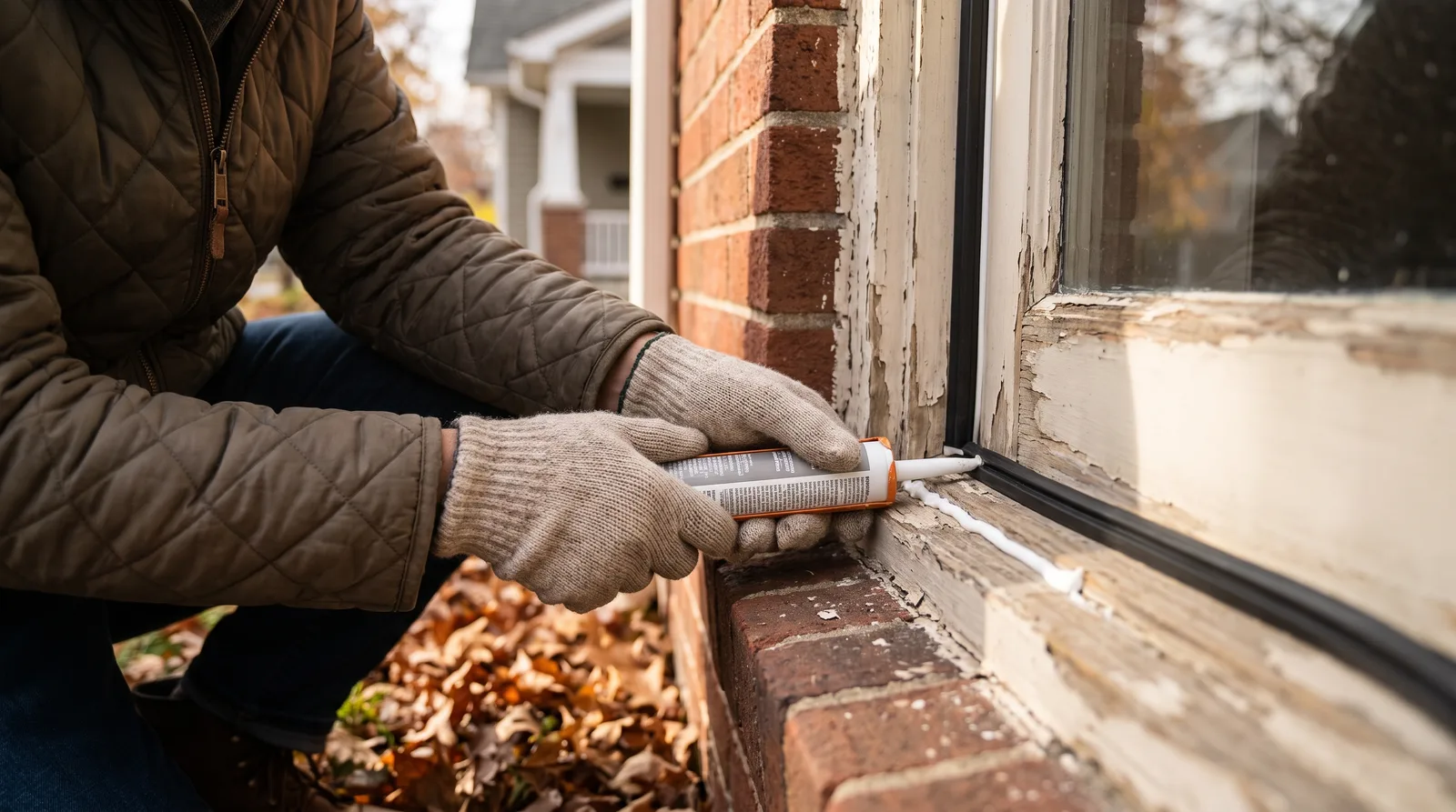 Homeowner in winter clothes inspecting weatherstripping and caulk around a window frame during late autumn, with focus