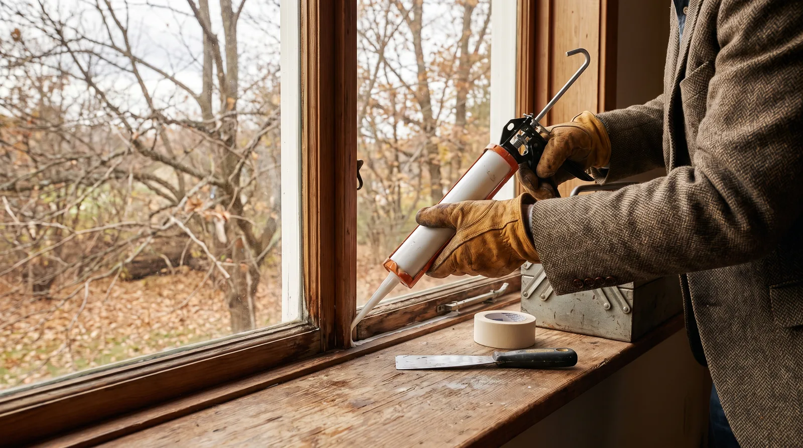 Homeowner in work gloves sealing weatherstripping around wooden window frame with caulking gun, autumn sunlight, bare